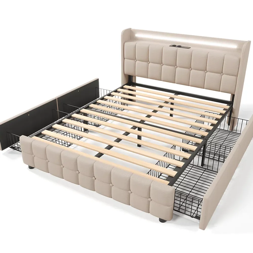 ProximaX Lit 180x200cm avec tiroirs, Lit double capitonné avec rangement, éclairage LED, 2 chargeurs USB, Beige* Lit Coffre