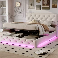 Lit 160x200cm, Espace de Rangement, Sommier à Lattes, Eéclairage LED et tête de lit relevable, Lin, Beige>Simple Life Hot