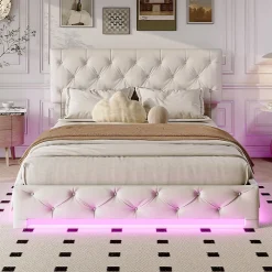 Lit 160x200cm, Espace de Rangement, Sommier à Lattes, Eéclairage LED et tête de lit relevable, Lin, Beige>Simple Life Hot