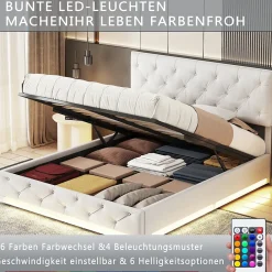 Lit 160x200cm, Espace de Rangement, Sommier à Lattes, Eéclairage LED et tête de lit relevable, Lin, Beige><noscript><img width=