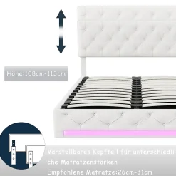 Lit 160x200cm, Espace de Rangement, Sommier à Lattes, Eéclairage LED et tête de lit relevable, Lin, Beige><noscript><img width=