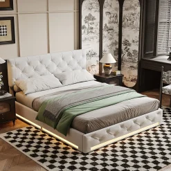 Lit 160x200cm, Espace de Rangement, Sommier à Lattes, Eéclairage LED et tête de lit relevable, Lin, Beige><noscript><img width=