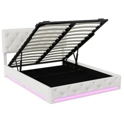 Lit 160x200cm, Espace de Rangement, Sommier à Lattes, Eéclairage LED et tête de lit relevable, Lin, Beige><noscript><img width=