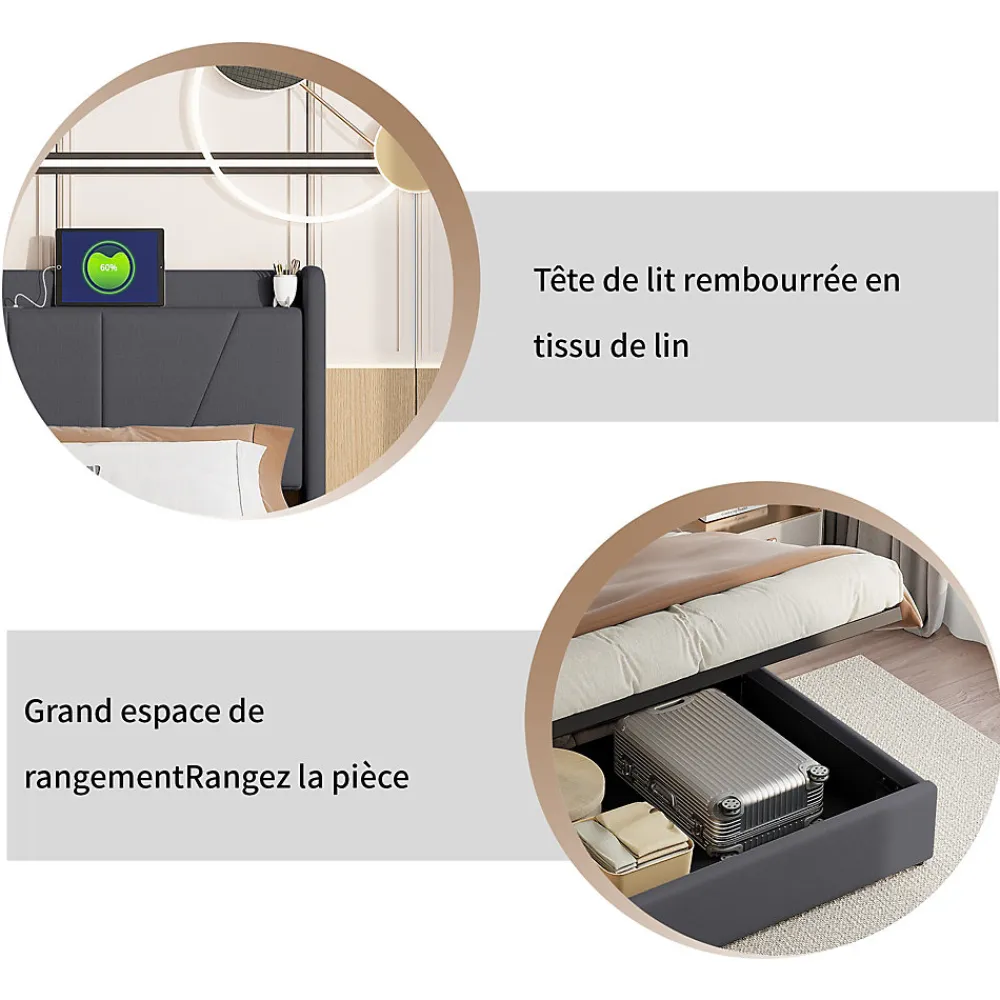 lit 160x200cm Hauteur 30cm Cadre de lit tapissé avec tête de lit Sommier à Lattes en Bois Gris foncé>Fortuna lai New