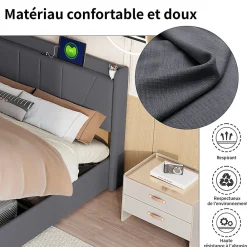 lit 160x200cm Hauteur 30cm Cadre de lit tapissé avec tête de lit Sommier à Lattes en Bois Gris foncé><noscript><img width=