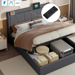 lit 160x200cm Hauteur 30cm Cadre de lit tapissé avec tête de lit Sommier à Lattes en Bois Gris foncé><noscript><img width=