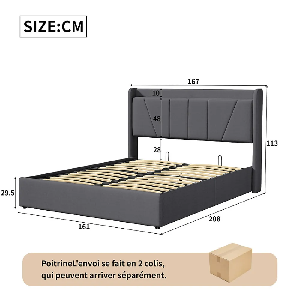 lit 160x200cm Hauteur 30cm Cadre de lit tapissé avec tête de lit Sommier à Lattes en Bois Gris foncé>Fortuna lai New
