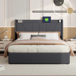 lit 160x200cm Hauteur 30cm Cadre de lit tapissé avec tête de lit Sommier à Lattes en Bois Gris foncé><noscript><img width=