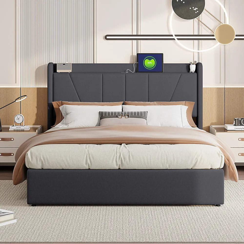 lit 160x200cm Hauteur 30cm Cadre de lit tapissé avec tête de lit Sommier à Lattes en Bois Gris foncé>Fortuna lai New