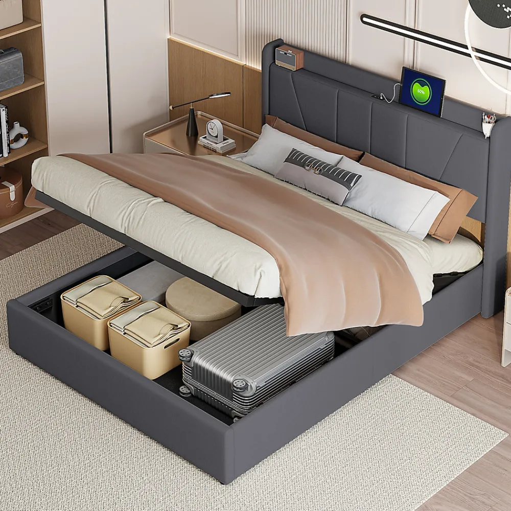 lit 160x200cm Hauteur 30cm Cadre de lit tapissé avec tête de lit Sommier à Lattes en Bois Gris foncé>Fortuna lai New
