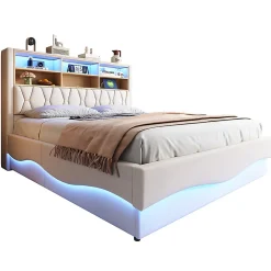 Lit 180x200cm, LED app, USB, rangement hydraulique, sommier lattes, lin beige>Blackcolors Discount