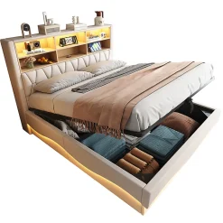 Lit 180x200cm, LED app, USB, rangement hydraulique, sommier lattes, lin beige><noscript><img width=