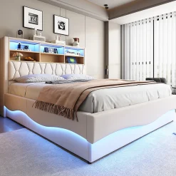 Lit 180x200cm, LED app, USB, rangement hydraulique, sommier lattes, lin beige><noscript><img width=