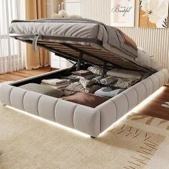 Blackcolors Lit 140x200cm, LED, rangement hydraulique, cadre suspendu, beige* Lit Coffre