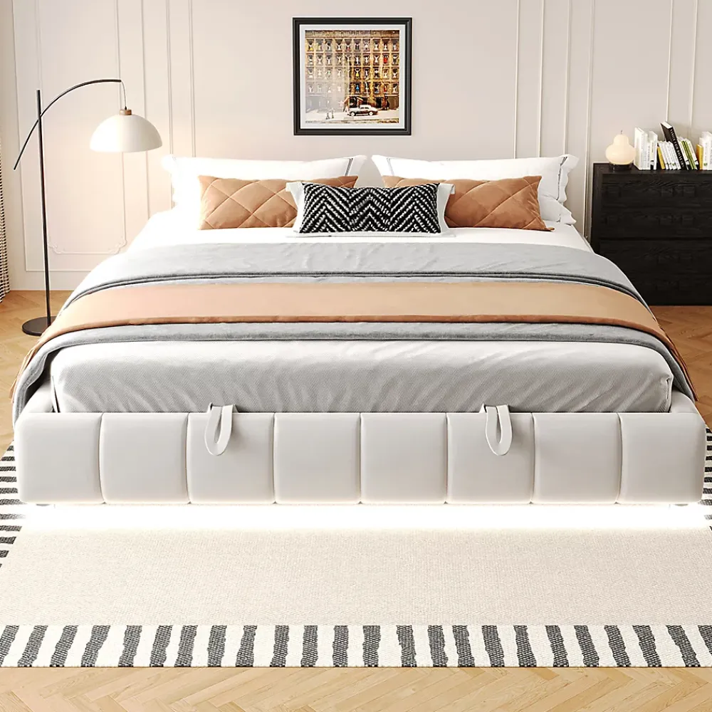 Blackcolors Lit 180x200cm, LED, rangement hydraulique, cadre flottant, beige* Lit Coffre