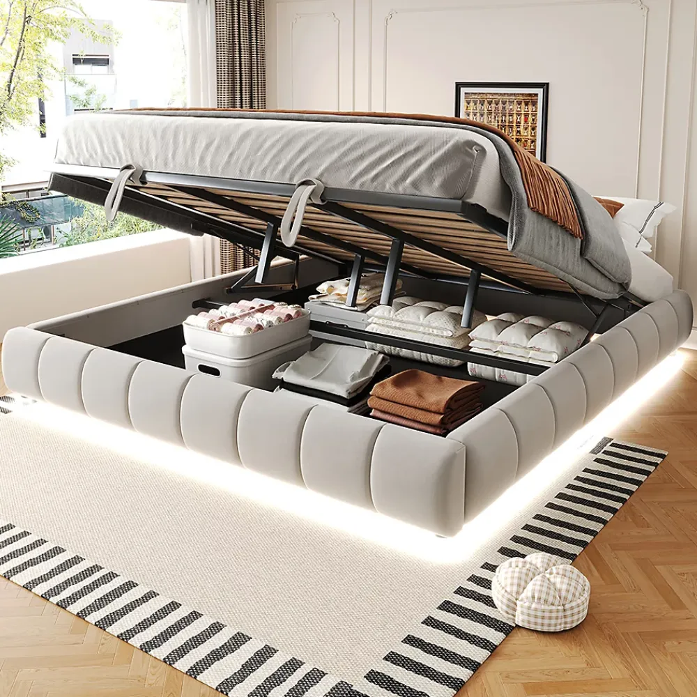 Blackcolors Lit 180x200cm, LED, rangement hydraulique, cadre flottant, beige* Lit Coffre