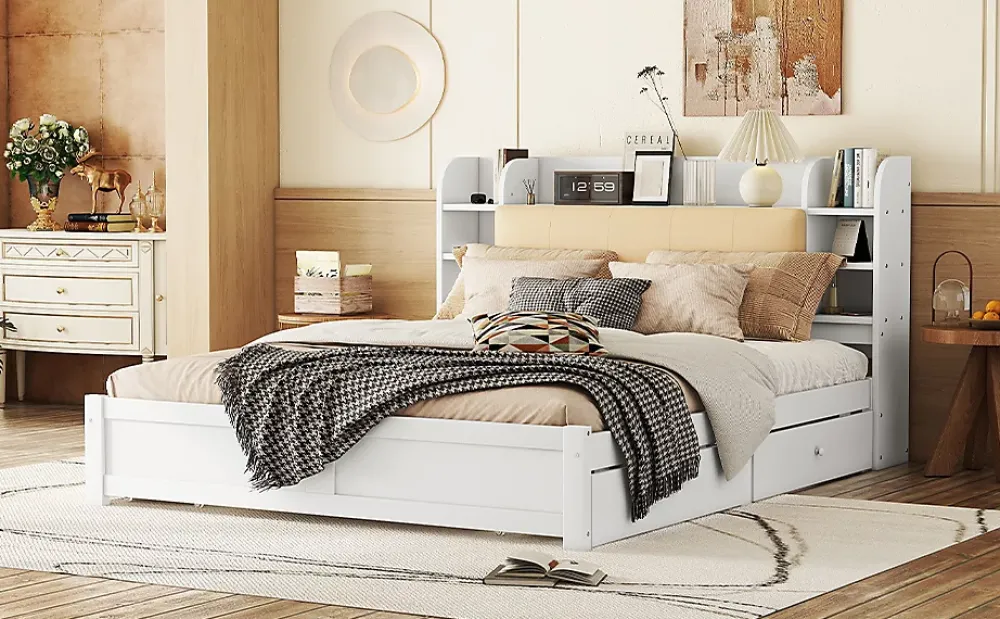 Fortuna lai Lit 180x200cm, tête de lit partiellement inclinable, 4 tiroirs, Blanc*Enfant Lit Enfant