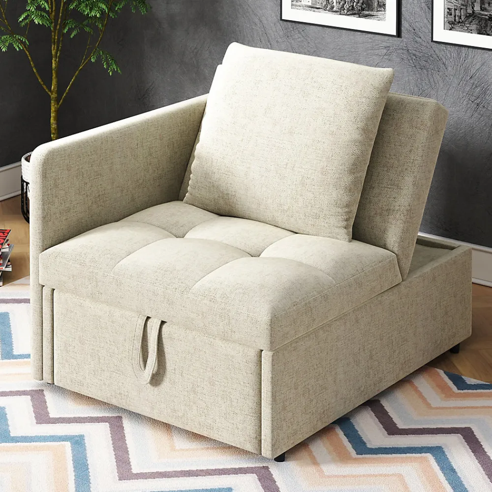 Redom Lit 177x68x65 cm convertible 3-en-1 en tissu lin beige, dossier 5 positions, idéal pour petits espaces* Lit Simple