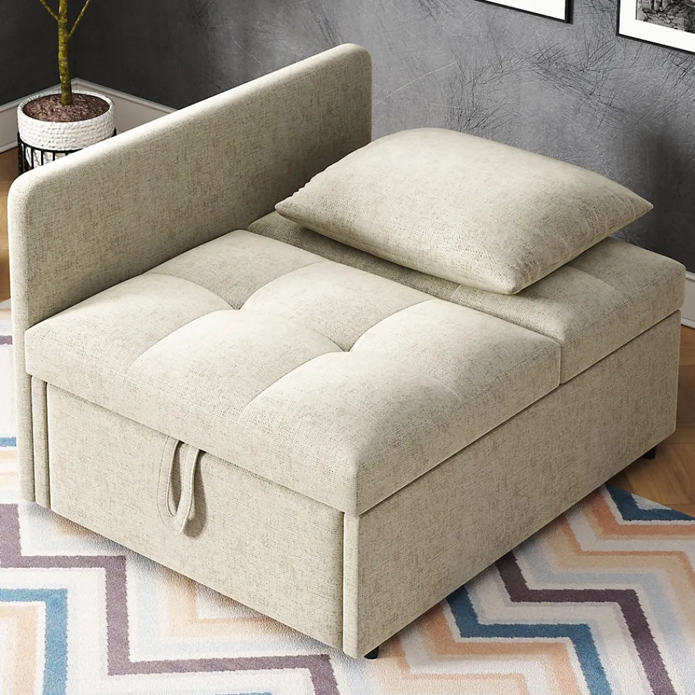 Redom Lit 177x68x65 cm convertible 3-en-1 en tissu lin beige, dossier 5 positions, idéal pour petits espaces* Lit Simple