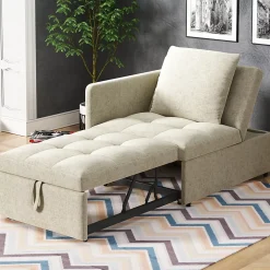 Redom Lit 177x68x65 cm convertible 3-en-1 en tissu lin beige, dossier 5 positions, idéal pour petits espaces* Lit Simple