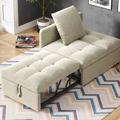 Redom Lit 177x68x65 cm convertible 3-en-1 en tissu lin beige, dossier 5 positions, idéal pour petits espaces* Lit Simple