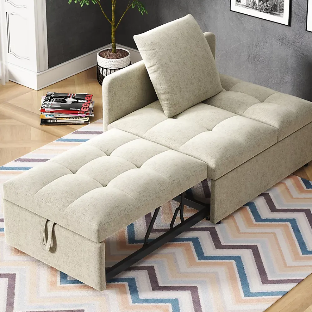 Redom Lit 177x68x65 cm convertible 3-en-1 en tissu lin beige, dossier 5 positions, idéal pour petits espaces* Lit Simple