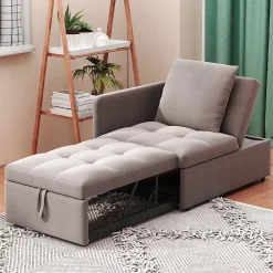 Redom Lit 177x68x65 cm convertible 3-en-1 en tissu lin gris, dossier 5 positions, compact et fonctionnel* Lit Simple