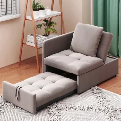 Redom Lit 177x68x65 cm convertible 3-en-1 en tissu lin gris, dossier 5 positions, compact et fonctionnel* Lit Simple