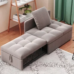 Redom Lit 177x68x65 cm convertible 3-en-1 en tissu lin gris, dossier 5 positions, compact et fonctionnel* Lit Simple