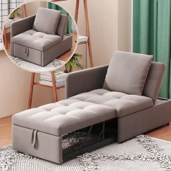 Redom Lit 177x68x65 cm convertible 3-en-1 en tissu lin gris, dossier 5 positions, compact et fonctionnel* Lit Simple