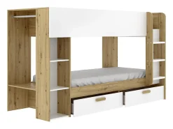 Vente-unique Lits superposés 2 x 90 x 200 cm avec rangements et penderie - Blanc et naturel + Matelas - OSANA* Lit Avec Rangement