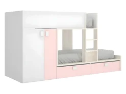 Vente-unique Lits Superposés 2 x 90 x 190 cm - Armoire intégrée - Blanc, naturel et rose - JUANITO*Enfant Lit Enfant