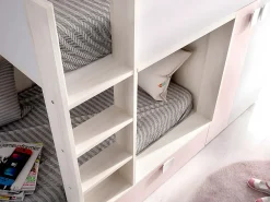 Vente-unique Lits Superposés 2 x 90 x 190 cm - Armoire intégrée - Blanc, naturel et rose - JUANITO*Enfant Lit Enfant