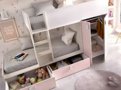 Vente-unique Lits Superposés 2 x 90 x 190 cm - Armoire intégrée - Blanc, naturel et rose - JUANITO*Enfant Lit Enfant