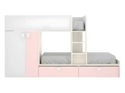 Vente-unique Lits Superposés 2 x 90 x 190 cm - Armoire intégrée - Blanc, naturel et rose - JUANITO*Enfant Lit Enfant