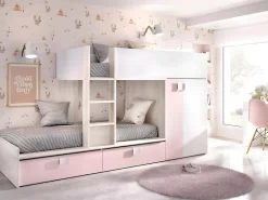 Vente-unique Lits Superposés 2 x 90 x 190 cm - Armoire intégrée - Blanc, naturel et rose - JUANITO*Enfant Lit Enfant