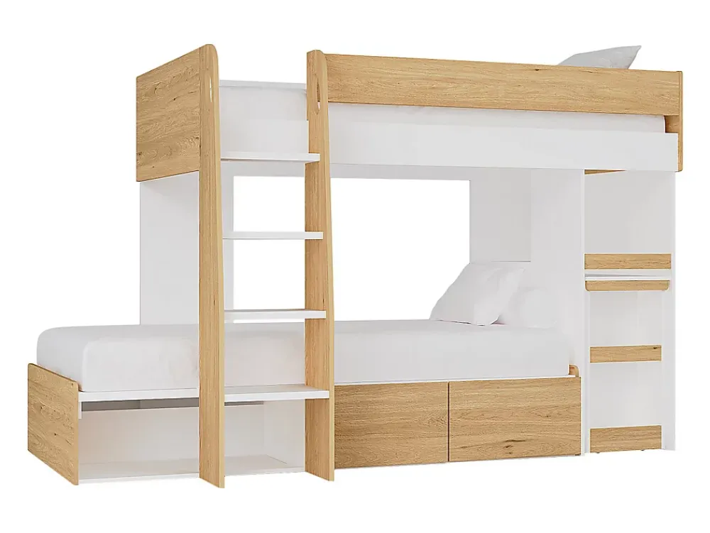 Vente-unique Lits superposés 2 x 90 x 190 cm avec bureau et rangements - Coloris : Naturel et blanc - LOMIDEN*Enfant Lit Enfant