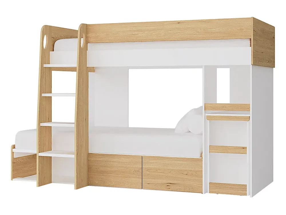 Vente-unique Lits superposés 2 x 90 x 190 cm avec bureau et rangements - Coloris : Naturel et blanc - LOMIDEN*Enfant Lit Enfant