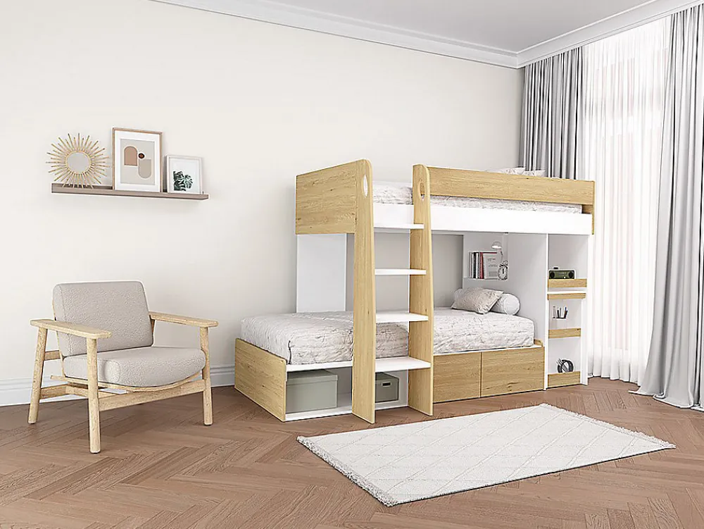 Vente-unique Lits superposés 2 x 90 x 190 cm avec bureau et rangements - Coloris : Naturel et blanc - LOMIDEN*Enfant Lit Enfant