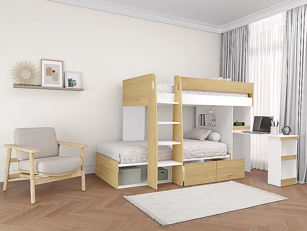 Vente-unique Lits superposés 2 x 90 x 190 cm avec bureau et rangements - Coloris : Naturel et blanc - LOMIDEN*Enfant Lit Enfant