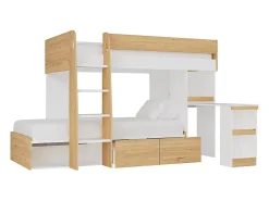 Vente-unique Lits superposés 2 x 90 x 190 cm avec bureau et rangements - Coloris : Naturel et blanc - LOMIDEN*Enfant Lit Enfant
