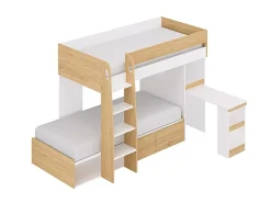 Vente-unique Lits superposés 2 x 90 x 190 cm avec bureau et rangements - Coloris : Naturel et blanc - LOMIDEN*Enfant Lit Enfant