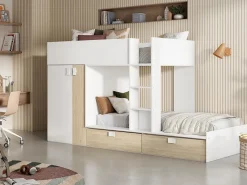 Vente-unique Lits Superposés 2 x 90 x 190 cm - Armoire intégrée - Blanc et naturel - JUANITO*Enfant Lit Enfant