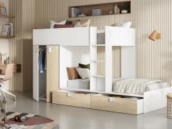Vente-unique Lits Superposés 2 x 90 x 190 cm - Armoire intégrée - Blanc et naturel - JUANITO*Enfant Lit Enfant