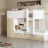 Lits superposés avec tiroir lit gigogne et rangements 3 x 90 x 190 cm - Blanc et Naturel + matelas - ANTHONY>Vente-unique