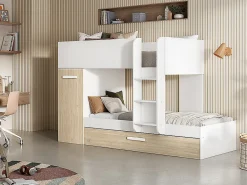 Lits superposés avec tiroir lit gigogne et rangements 3 x 90 x 190 cm - Blanc et Naturel + matelas - ANTHONY>Vente-unique
