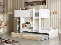 Lits superposés avec tiroir lit gigogne et rangements 3 x 90 x 190 cm - Blanc et Naturel + matelas - ANTHONY>Vente-unique