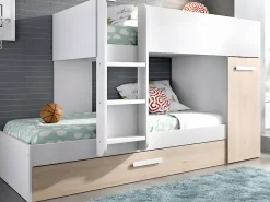 Lits superposés avec tiroir lit gigogne et rangements 3 x 90 x 190 cm - Blanc et Naturel + matelas - ANTHONY><noscript><img width=