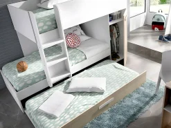 Lits superposés avec tiroir lit gigogne et rangements 3 x 90 x 190 cm - Blanc et Naturel + matelas - ANTHONY><noscript><img width=