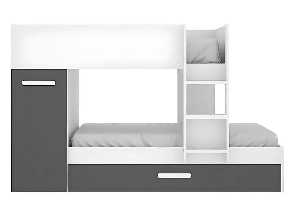 Vente-unique Lits superposés avec tiroir lit gigogne et rangements 3 x 90 x 190 cm - Anthracite et Blanc + matelas - ANTHONY* Lit Avec Rangement